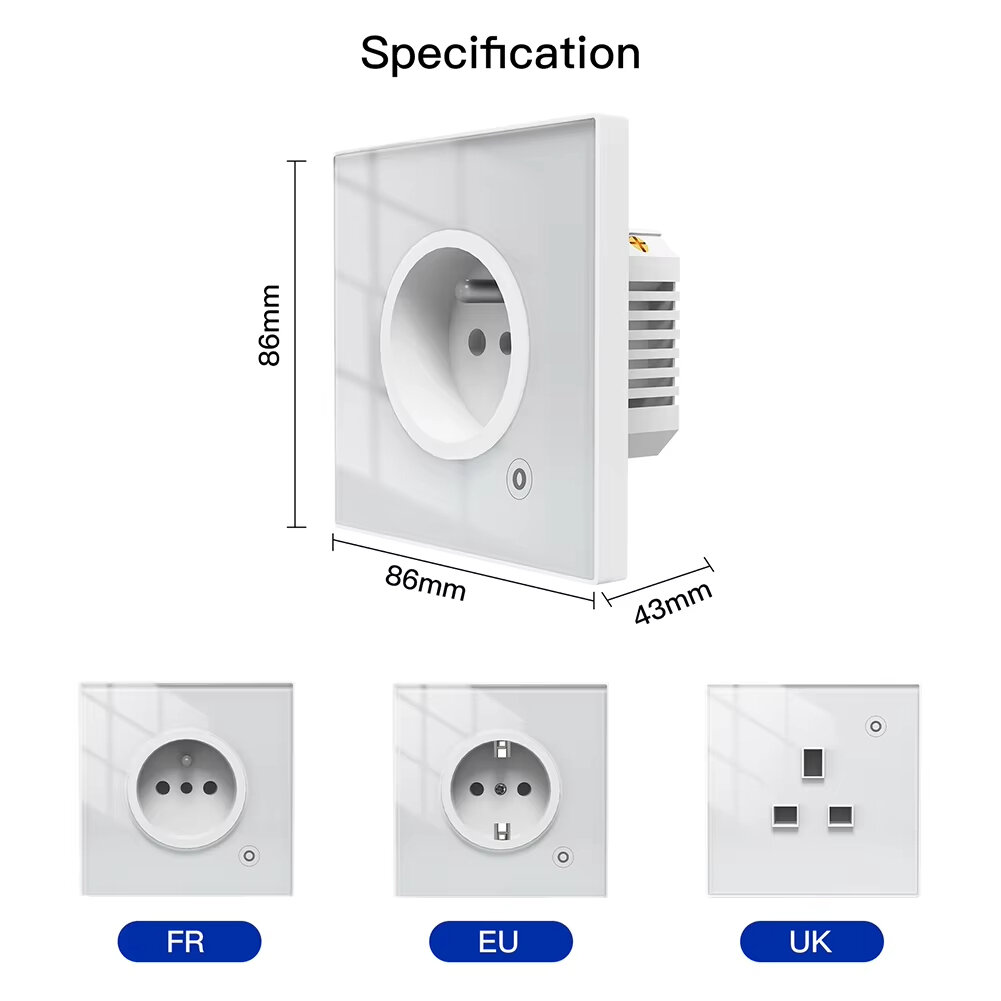 Tuya WiFi Smart 16A EU Tomada Painel de vidro Tomada Power Monitor Touch Plug Relay Status Light Mode ajustável Smart Life App Controle de voz com Alexa Google Assistant