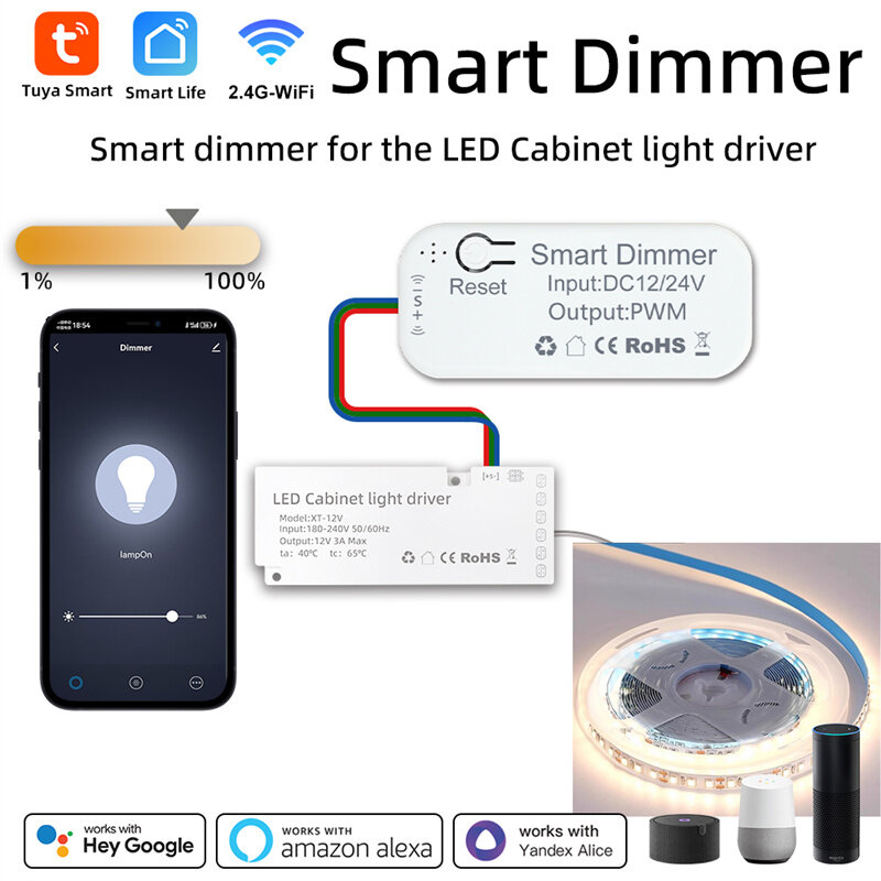 Tuya wifi inteligente dimmer led gabinete luz motorista função de temporização cenas inteligentes app controle remoto voz com alexa google casa