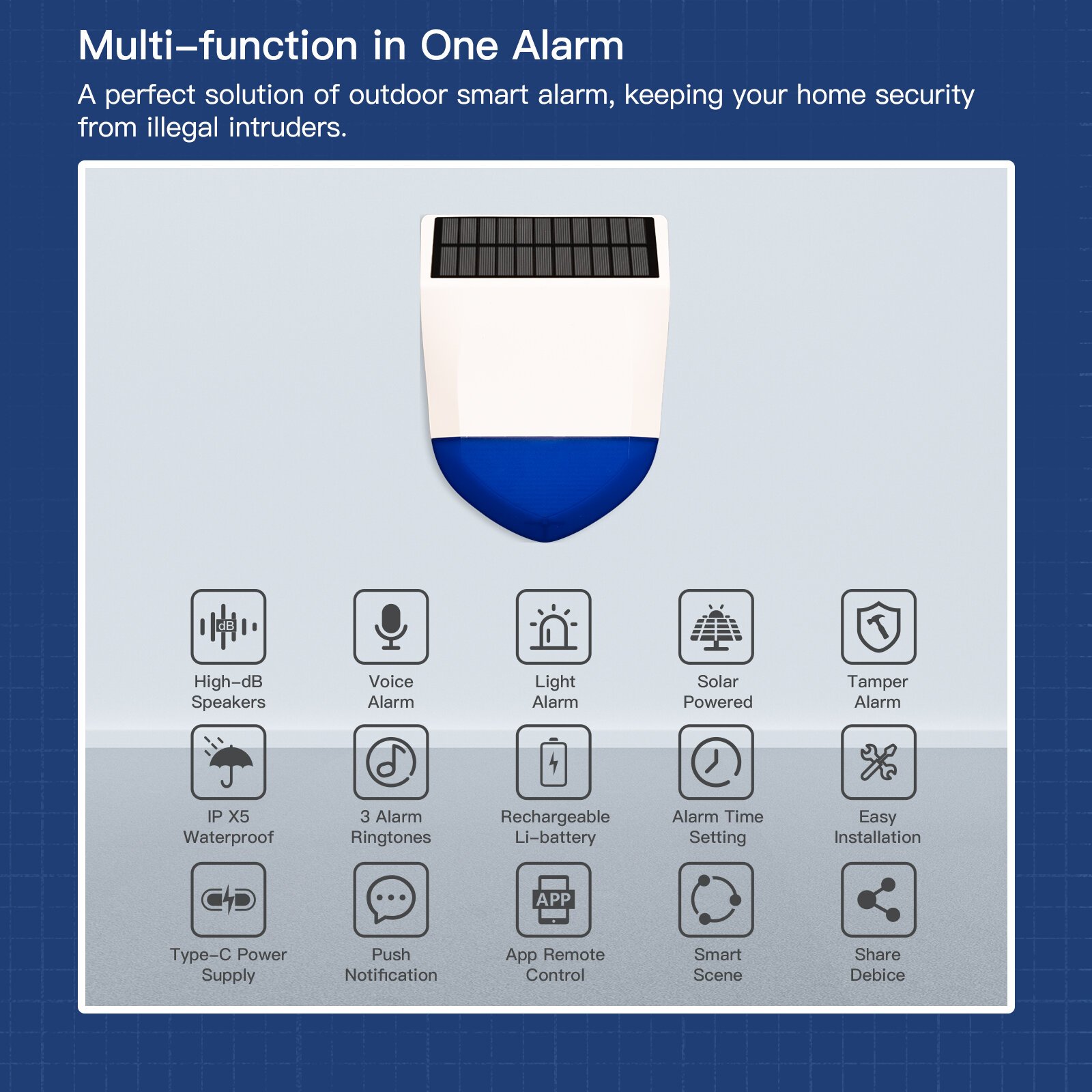 Sirene inteligente tuya wi-fi/zigbe, alarme à prova d\'água, ambiente externo com painel de carregamento solar, controle remoto de 95db, alarme de sirene externa