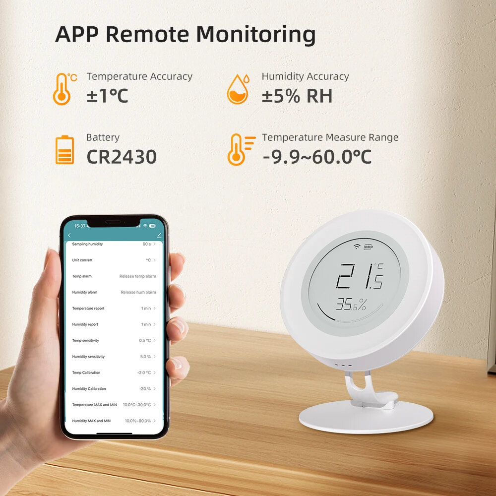 ZWSH16 Tuya Zigbe Regulador de temperatura e umidade interna Digital eletrônico de temperatura e umidade Sensor Trabalhe com Alexa Google Home APP remoto Monitoramento