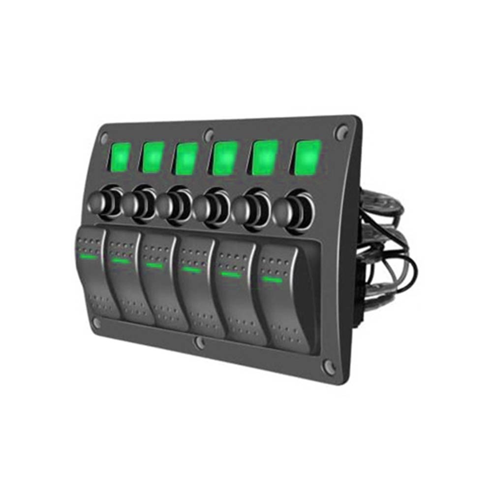 Panel de control de energía eficiente de 6 interruptores para vehículos recreativos y uso marino DC12-24V con protección contra sobrecarga (luz verde)