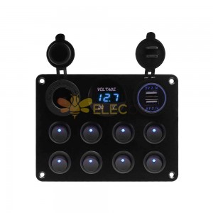 12V Waterproof Car Boat Switch Panel with 8 Way Rocker Switches Dual 4.2A USB Ports Voltmeter Blue Light