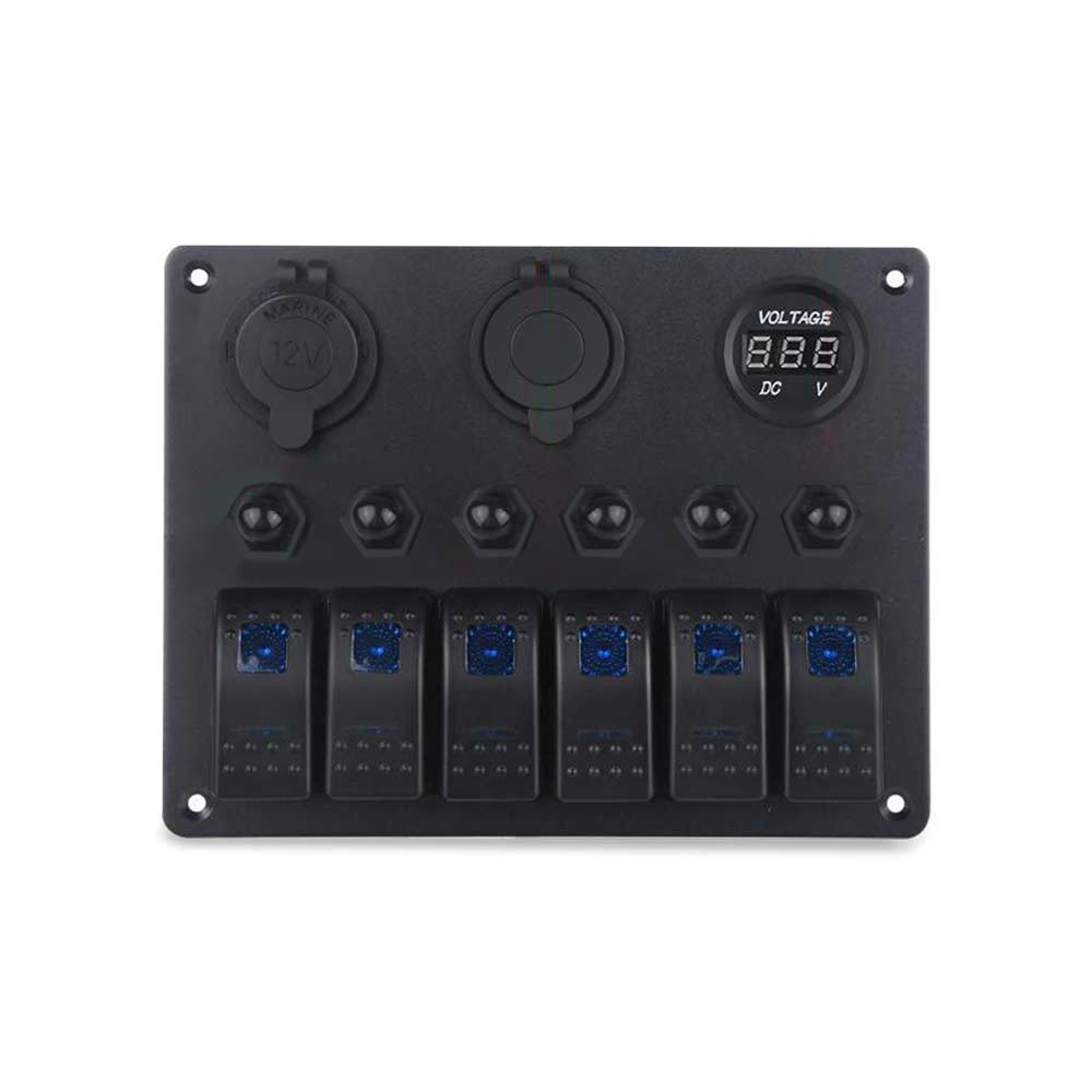 Panel De Interruptor De Automóvil De 6 Bandas Con Protector De Sobrecarga Pantalla De Voltaje De Encendedor De Cigarrillos USB Dual - Luz Azul