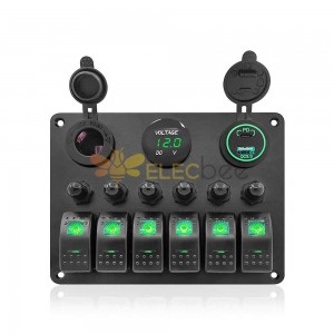 6 Gang Combination Switch Panel with Overload Protector Dual USB Voltage Display Suitable for Bus Tour Sightseeing Vehicles- Green Backlight