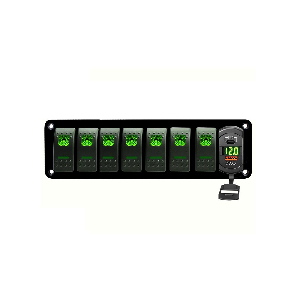 듀얼 USB 포트 QC3.0 + PD 디지털 디스플레이-녹색 백라이트가있는 자동차 보트 용 7 회로 방수 조합 스위치 패널