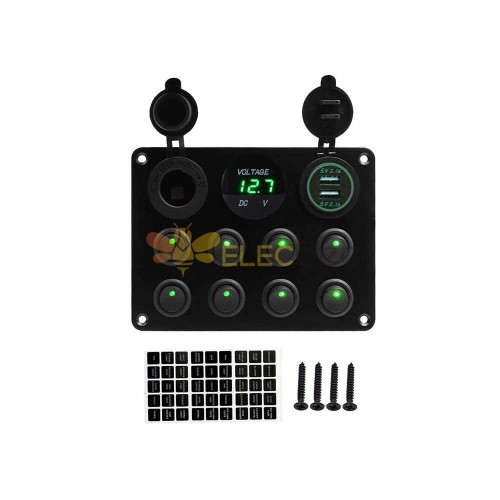 Panel impermeable para barco y coche, 8 interruptores, 12V, con puertos USB duales, medidor de voltaje iluminado verde, interruptores tipo ojo de gato