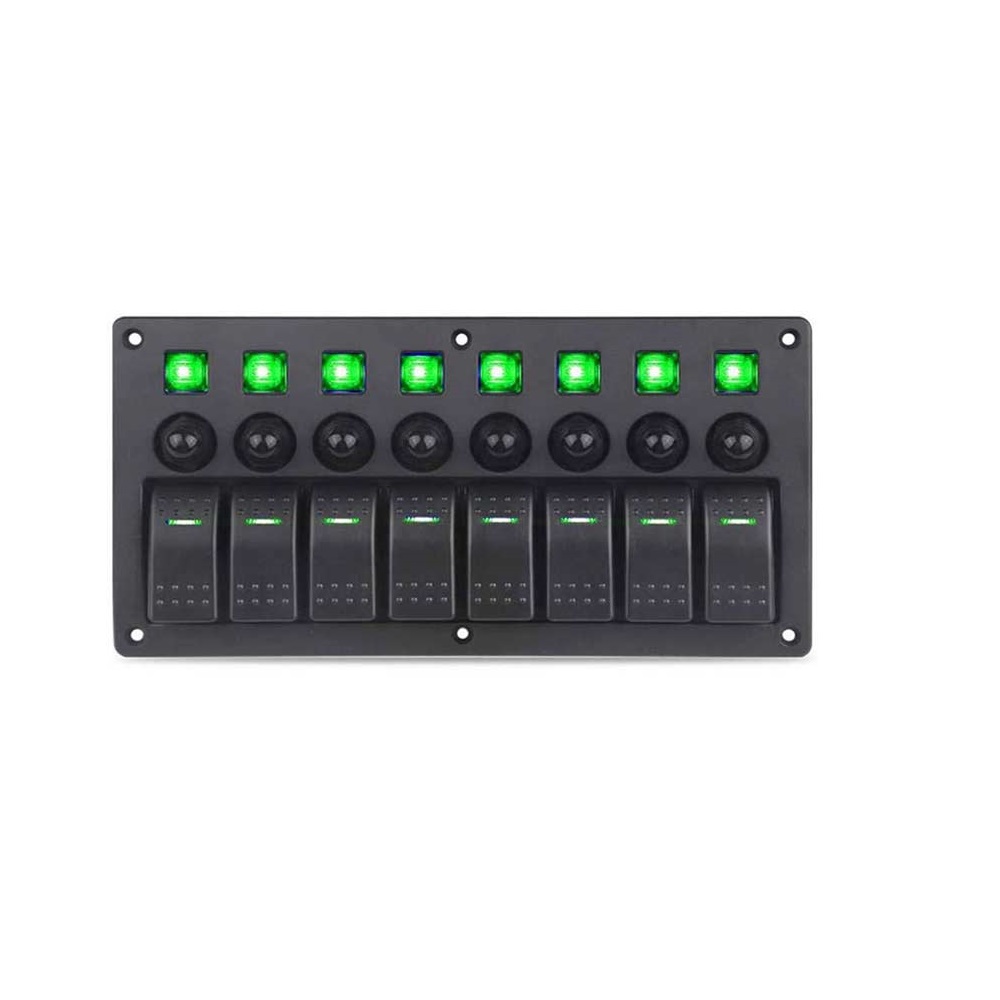 Panel de control de 8 vías para coche, RV, yate, barco, con interruptores combinados, protección contra sobrecarga, cc 12V, 24V, LED verde