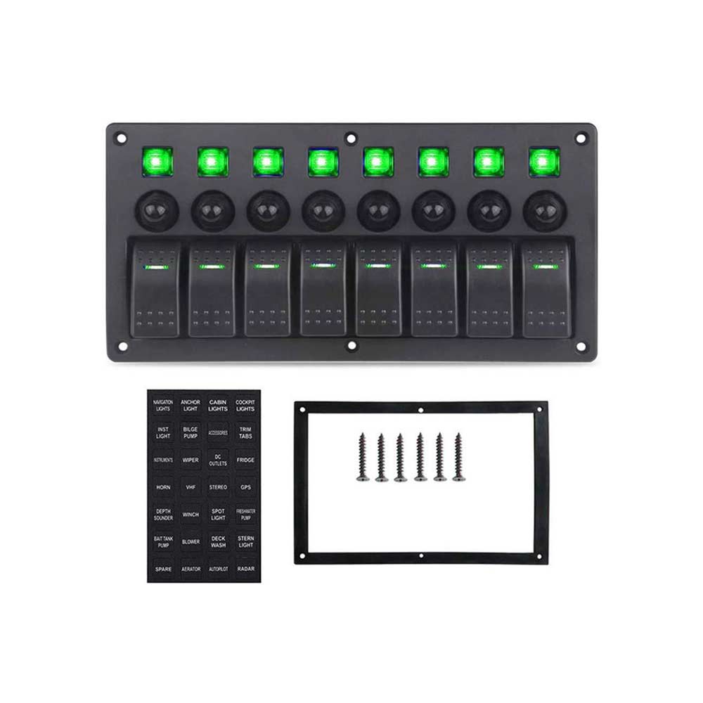 Panel de control de 8 vías para coche, RV, yate, barco, con interruptores combinados, protección contra sobrecarga, cc 12V, 24V, LED verde