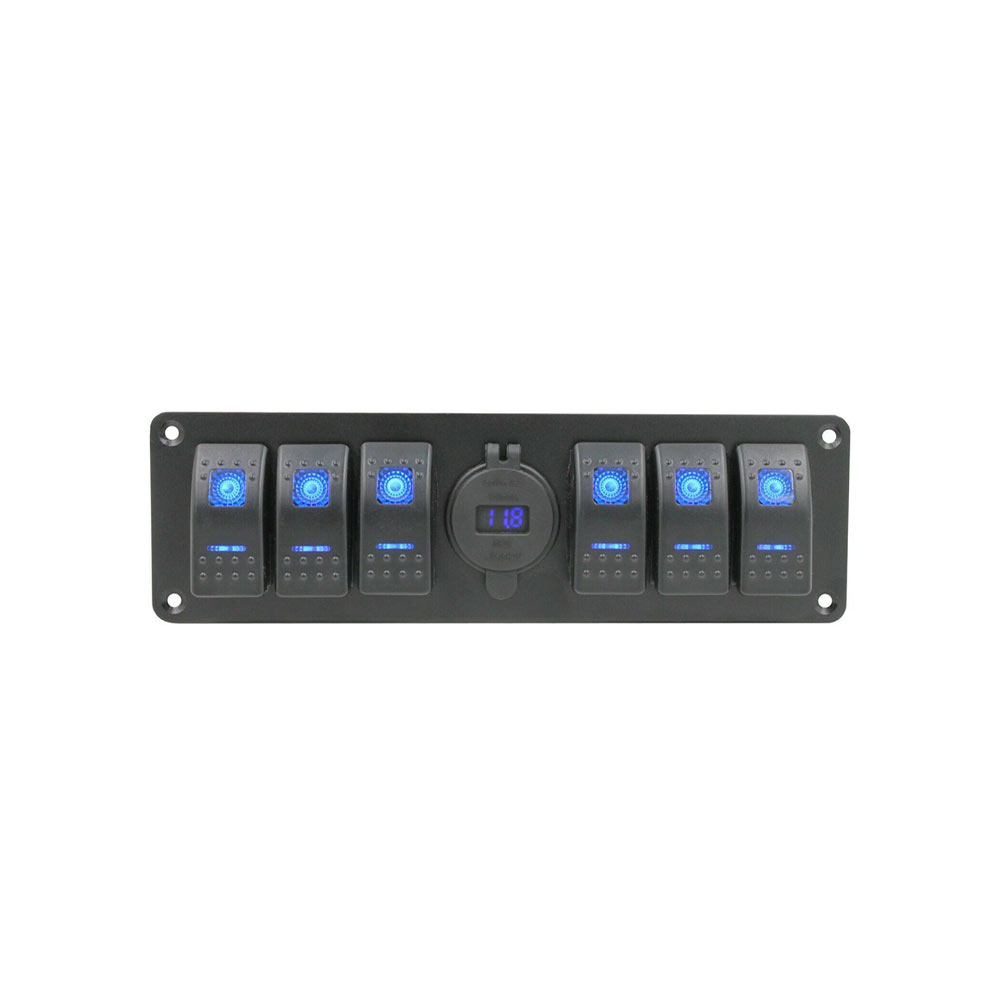 Painel de controle automotivo para barco e iate com interruptor de combinação de 6 vias, carro USB duplo, display QC3.0 de alta velocidade DC12-24V - LED azul