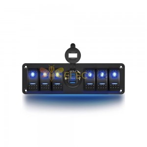 Automotive Yacht Boat Control Panel with 6 Way Combination Switch Dual USB Car High-Speed QC3.0 Display DC12-24V - Blue LED