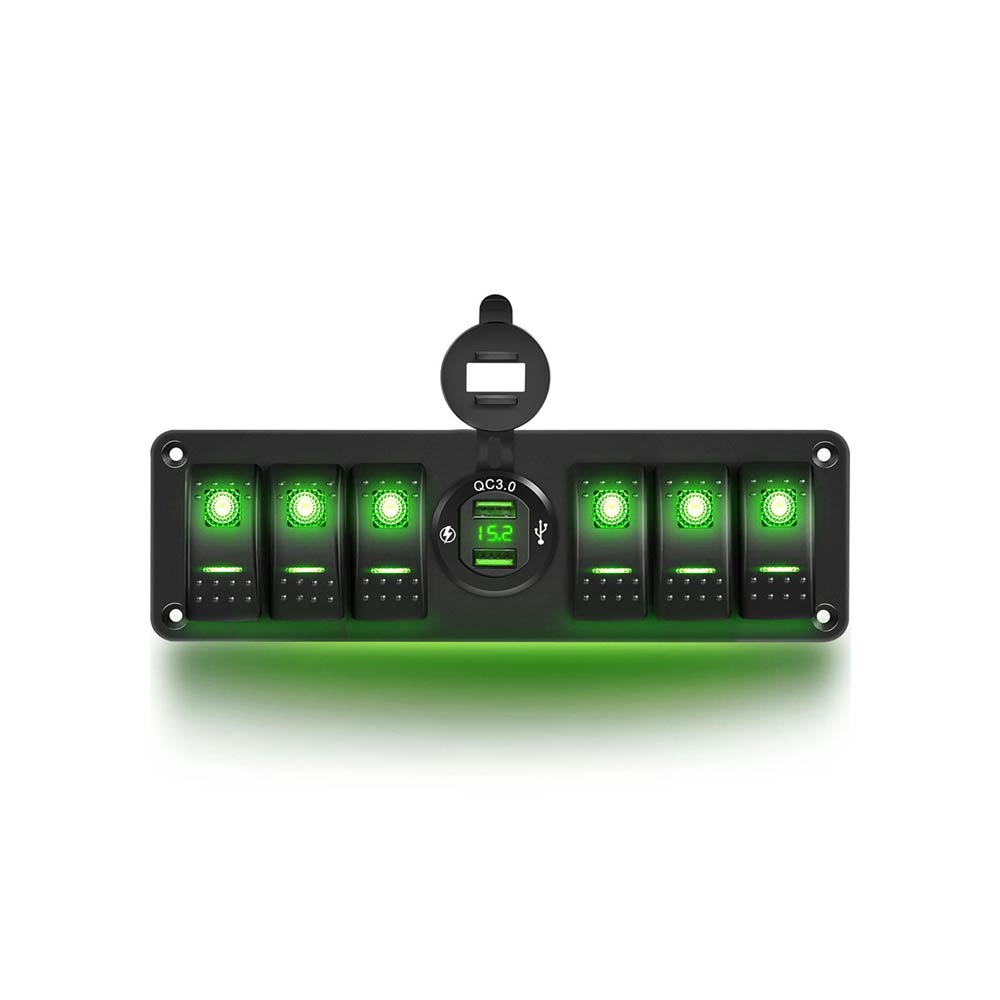 Display QC3.0 doppio USB ad alta velocità per auto + interruttore combinato a 6 vie adatto per il controllo automobilistico di yacht e barche DC12-24V retroilluminazione verde