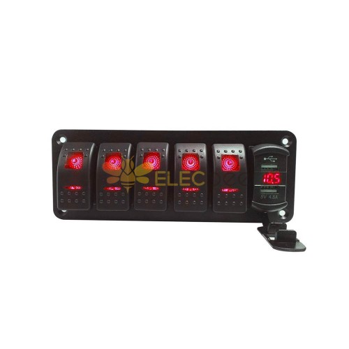 Cargador de coche USB dual con interruptor de control de combinación de 5 vías Pantalla de voltaje para coche yate barco DC12-24V luz roja