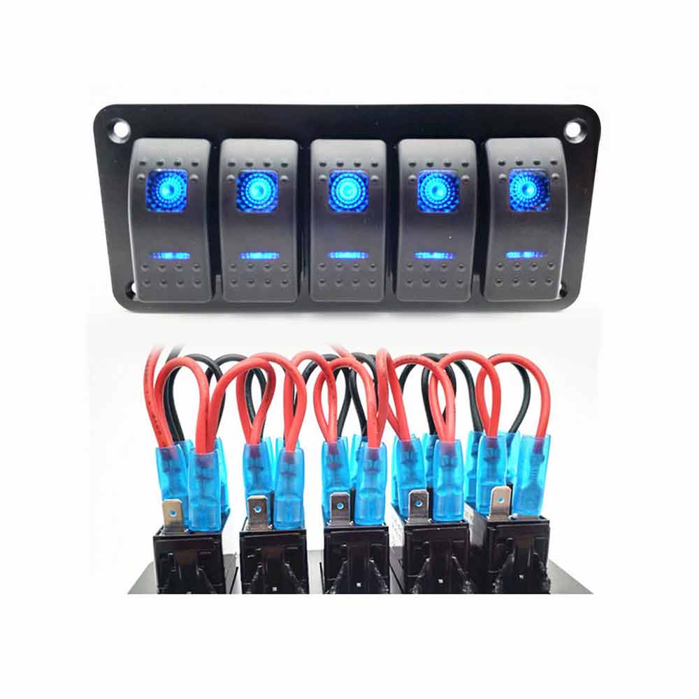 Panel marino multifunción de 5 interruptores adecuado para barcos, yates, motocicletas, barcos de pesca, DC12-24V, iluminación azul