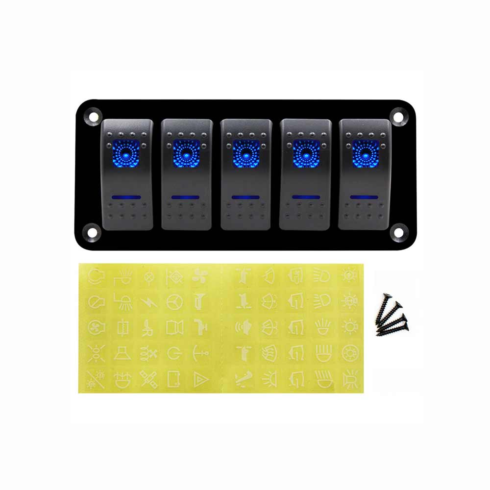 Panel marino multifunción de 5 interruptores adecuado para barcos, yates, motocicletas, barcos de pesca, DC12-24V, iluminación azul