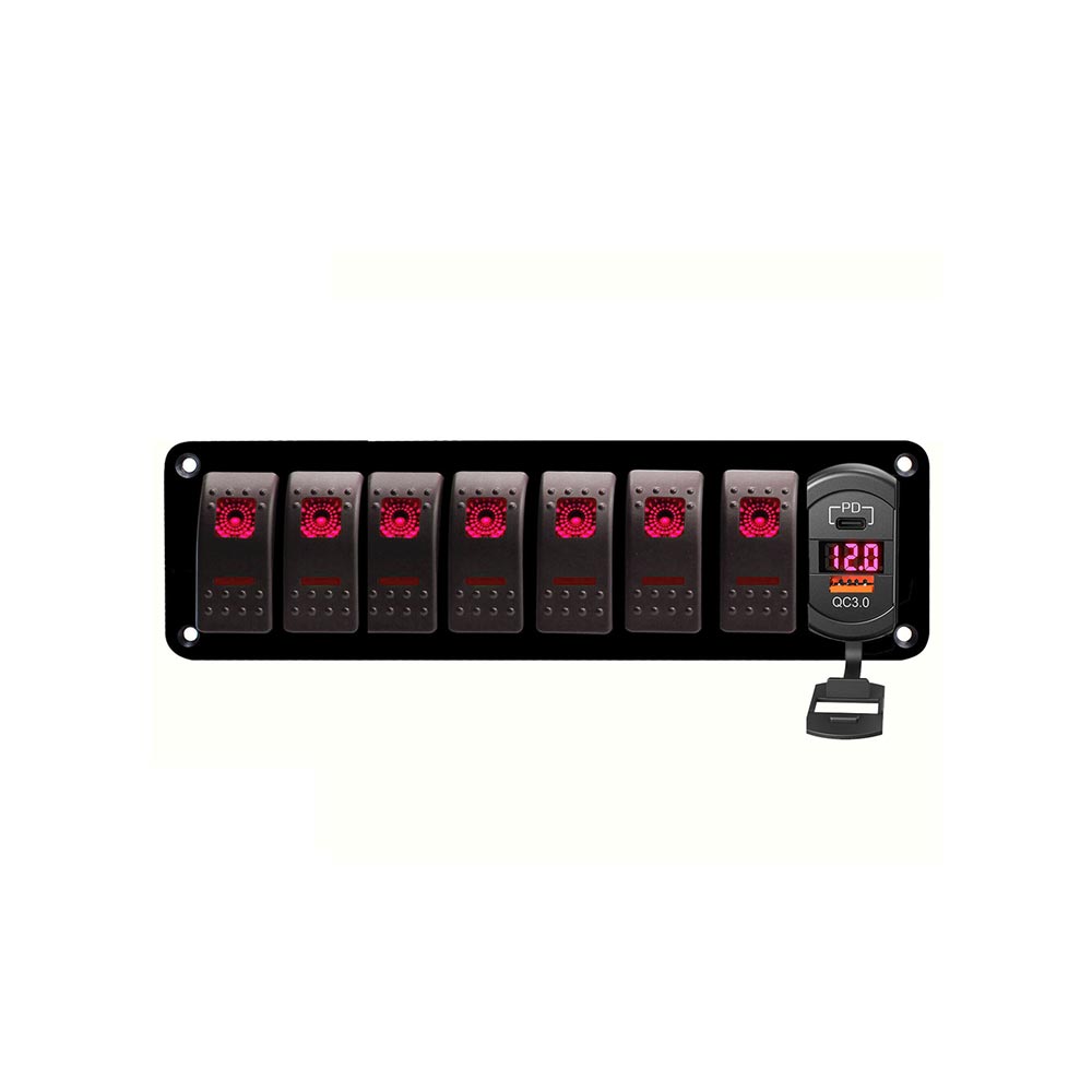 Universal 7 Channel Waterproof Switch Panel with Twin USB Ports QC3.0+PD Digital Display for Automotive Marine - Red Backlight