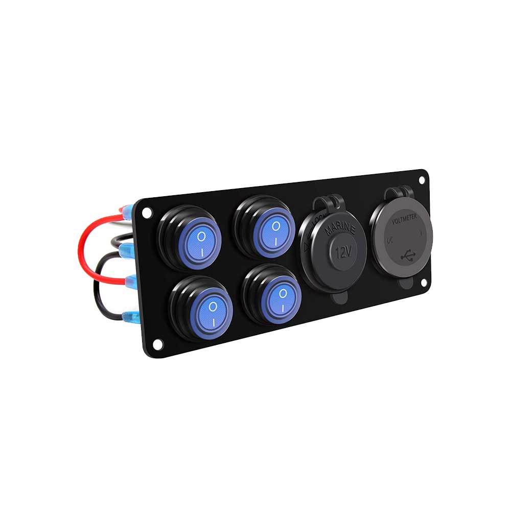 자동차 전원 제어 기능이있는 4 갱 로커 스위치 패널 디지털 디스플레이가있는 방수 듀얼 USB 차량용 충전기 QC3.0 - 푸른 빛