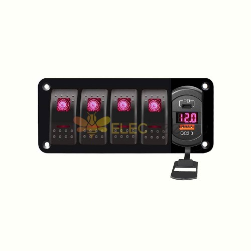 Panel de interruptores basculantes de 4 bandas QC + PD Dual USB Carga rápida DC12-24V para barco Barco - Luz roja