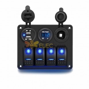 Panel de interruptor combinado de 4 vías con doble carga USB Pantalla a color Voltímetro Encendedor de cigarrillos LED Luz azul