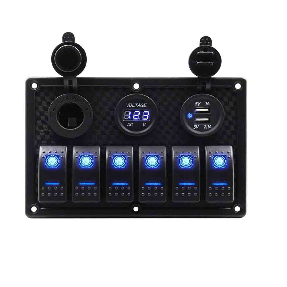 Panel de interruptor basculante de 6 bandas con puertos USB duales, voltímetro, LED azul para yate de coche DC12 24V