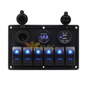 6-Gang-Wippschalterfeld mit zwei USB-Anschlüssen, Voltmeter, blaue LED für Auto, Yacht, DC12 24 V