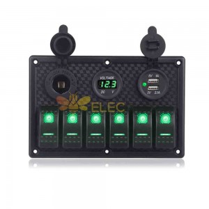 Panel de interruptores para barcos automotrices, interruptores basculantes de 6 bandas con puertos USB duales, medidor de voltaje, iluminación verde DC12 24V