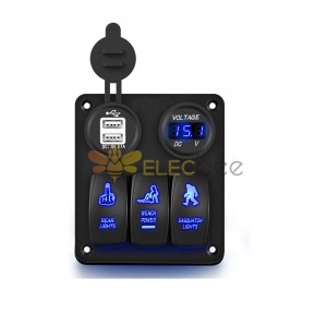 Panel de interruptor basculante marino automotriz con control de 3 vías Luces LED Voltímetro USB dual 12V