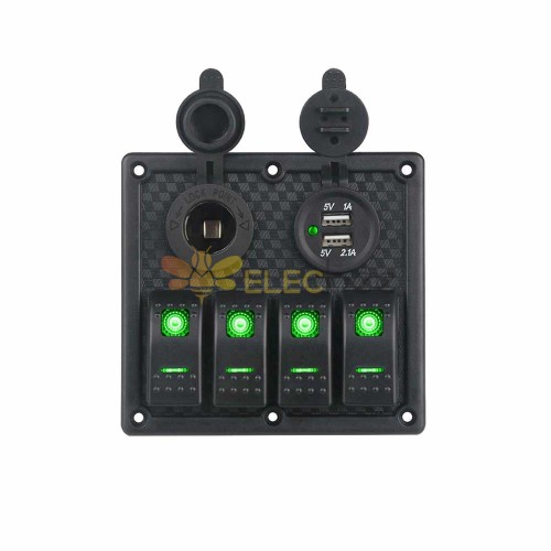 Car Power Control Switch for Marine Vehicles RVs Waterproof 4 Way Panel Switch with Dual USB Car Charger Cigarette Lighter Socket Green LED 
