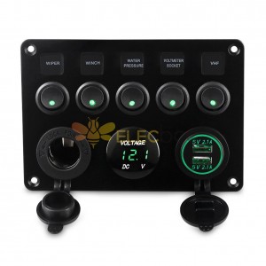 Coche RV Yacht 5 Gang Cat Eye Boat Panel de interruptor basculante con cargador USB dual Medidor de voltaje DC12V 24V Luz verde