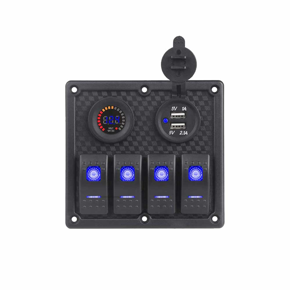 Auto Fahrzeug Boot Kippschalter Panel mit 4 Gang Schaltern Dual USB 4.2A Auto Ladegerät Bunte Spannungsanzeige - Blaue Hintergrundbeleuchtung