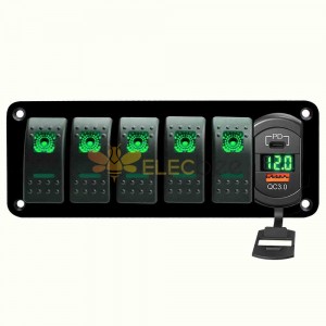 Panel de control de yate de coche con interruptor de combinación de 5 vías Cargador de coche USB dual QC3.0 + PD DC12-24V - Luz azul