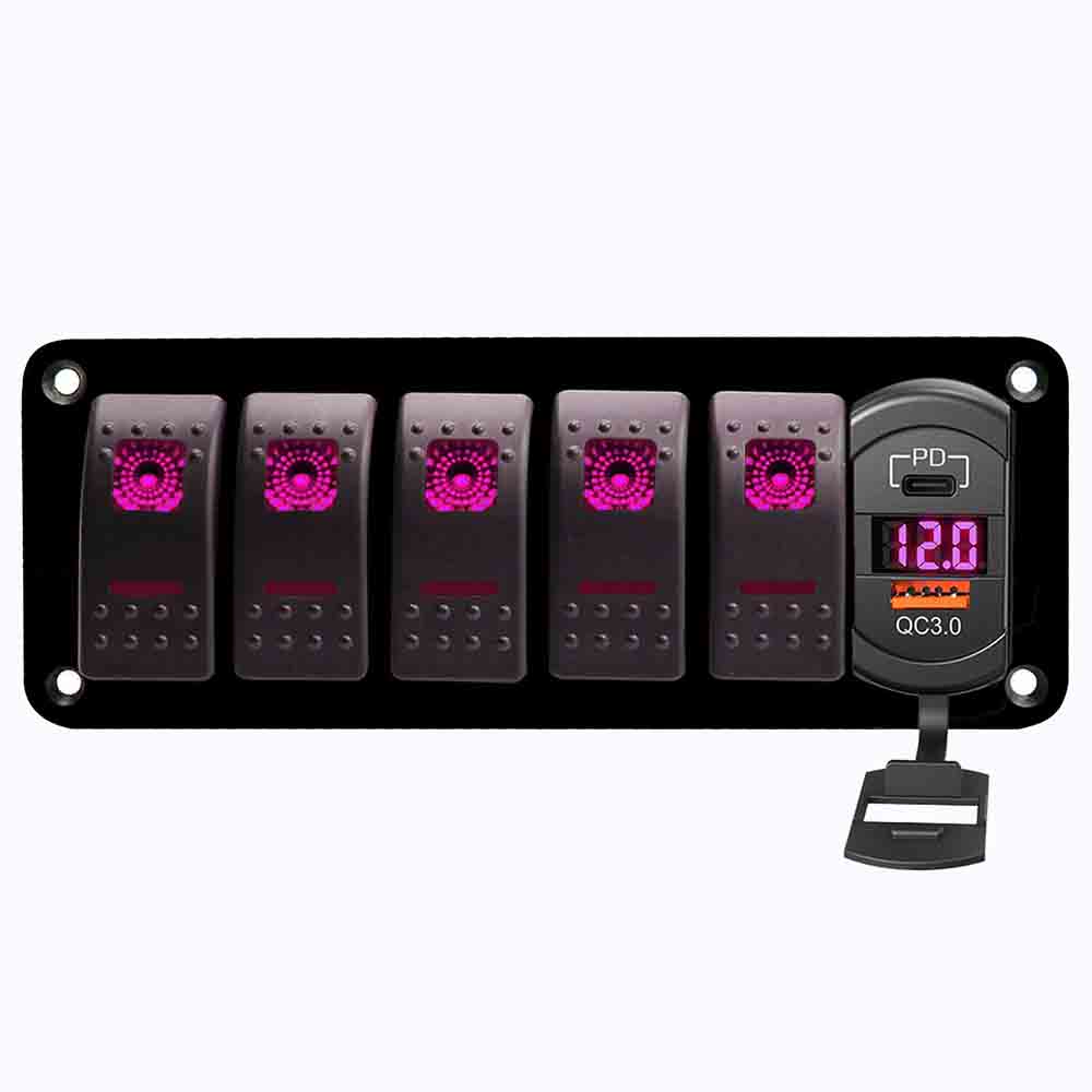 Control de barco y yate de coche con cargador de coche USB dual QC3.0 + PD DC12-24V Panel de interruptor de combinación de 5 vías-luz de fondo verde