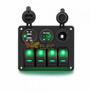 Car Yacht Switch Panel with 4 Gang Combination Voltmeter Dual USB Cigarette Lighter Green Backlight