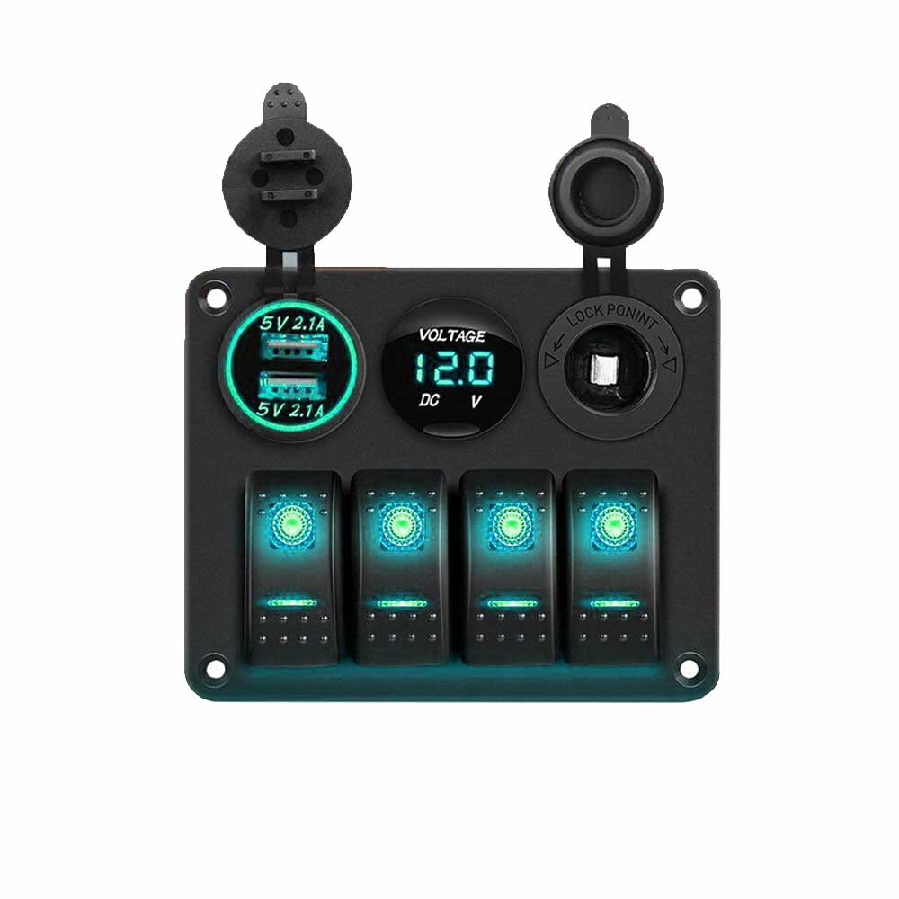 Caravan RV Power Panel with 4 Gang Switch Dual USB Ports Cigarette Lighter Green LED