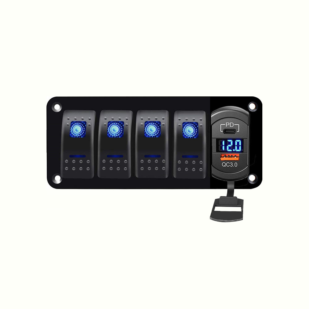 Marine RV Rocker Style 4 Gang Switch Panel con QC + PD Dual USB Ricarica rapida DC12-24V - Luce blu