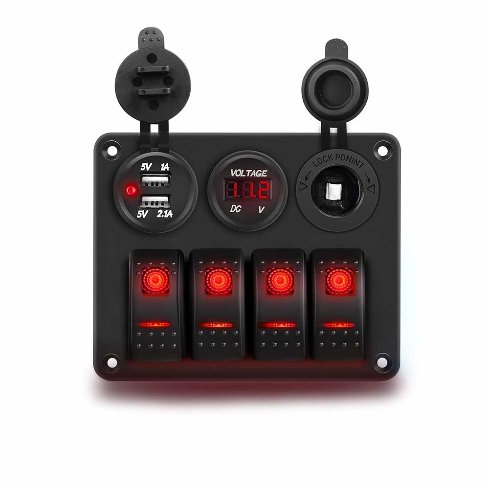 Rocker Toggle Switch Panel with Voltage Meter Dual USB Red LED for Automotive Marine Mods