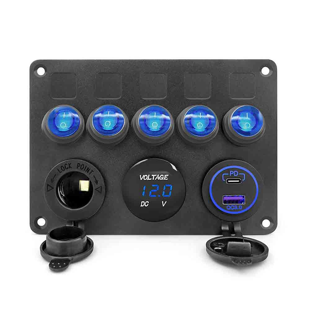 RV Yacht Switch Upgrade 5 Gang Cat Eye Rocker Switch Panel with Dual USB Voltage Display PD3.0 Fast Charge Cigarette Lighter - Blue Light