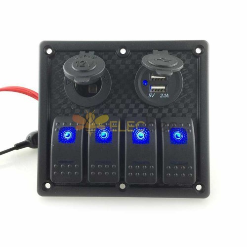 Waterproof Car Power Control Switch for RVs Boats 4 Way Panel Switch with Dual USB Car Charger Cigarette Lighter Socket Blue LED