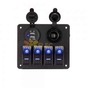 Waterproof Marine Boat Rocker Switch Panel Gang with Dual USB Slot Socket Cigarette Lighter Blue LED Light for Car RV Vehicles Truck Blue LED