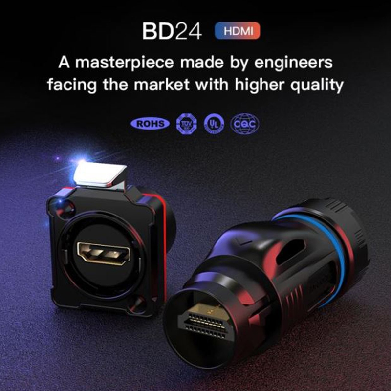 BD-24 HDMI chassis socket, plastic housing, with protective cover and mounting material IP65