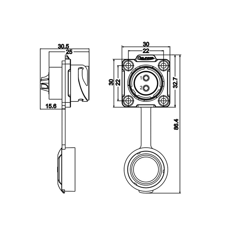 DH-20 power connector M20 2-pin female chassis square 500 V 20 A IP67