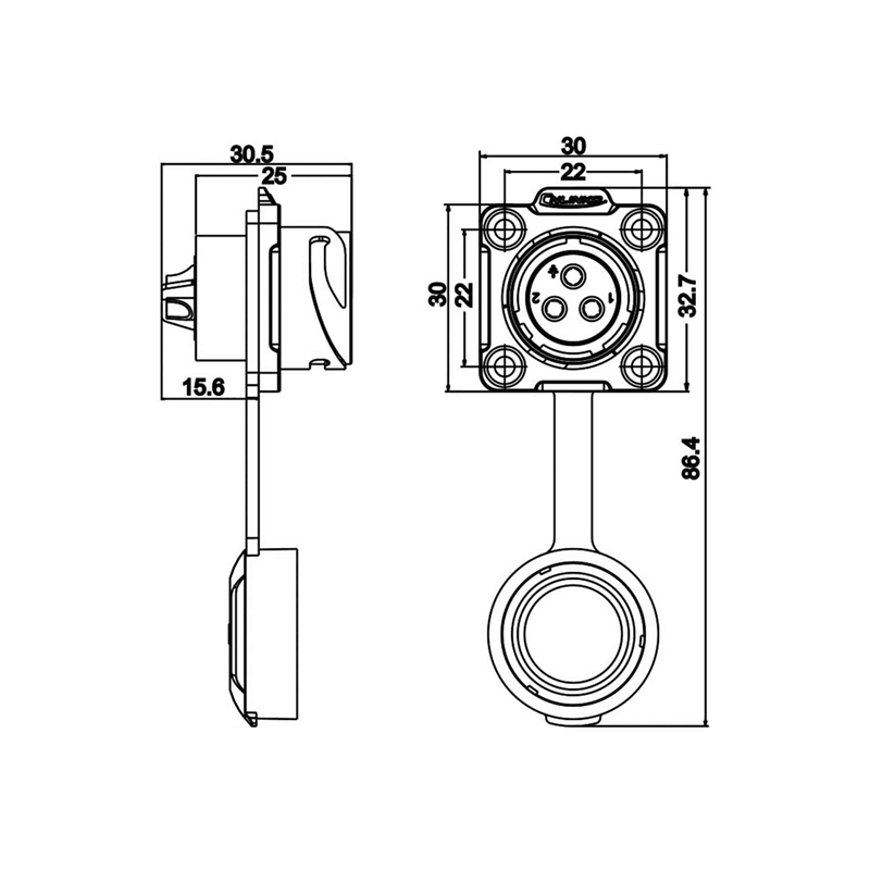 DH-20 power connector M20 3-pin female chassis square 500 V 20 A IP67