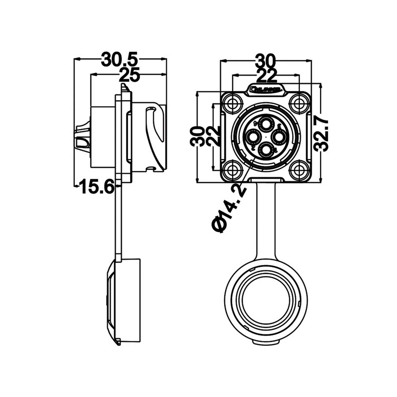 DH-20 power connector M20 4-pin female chassis square 500 V 20 A IP67 with barrier