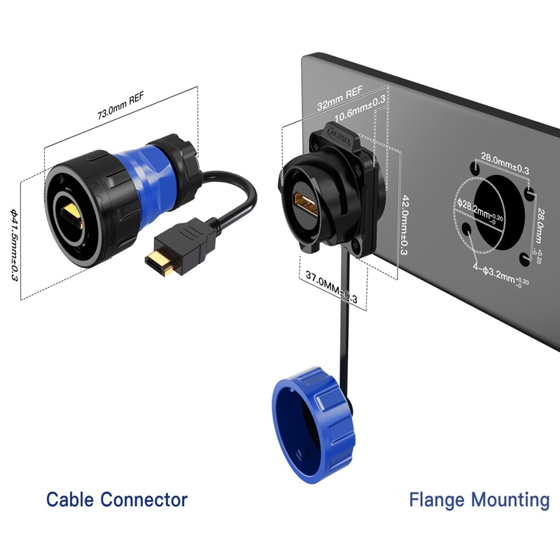 YM-24 HDMI panel mount socket IP68 with protection cover