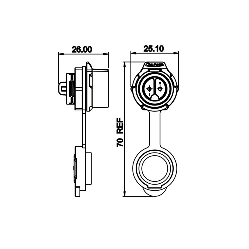 LP-16 power chassis connector M16 2-pin male round max. 400 V 10 A IPX8