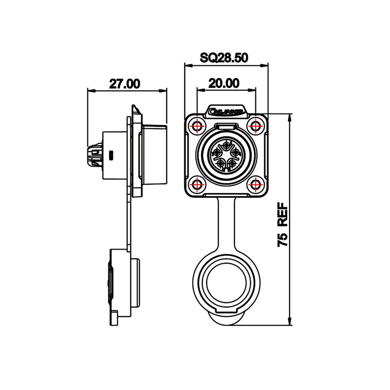 LP-16 power connector M16 5-pin female chassis square 250 V 5 A IPX8