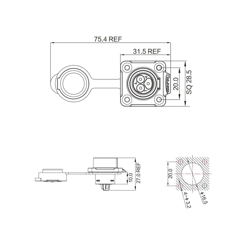 LP-16 power chassis connector M16 3-pin female square max. 400 V 10 A IPX8