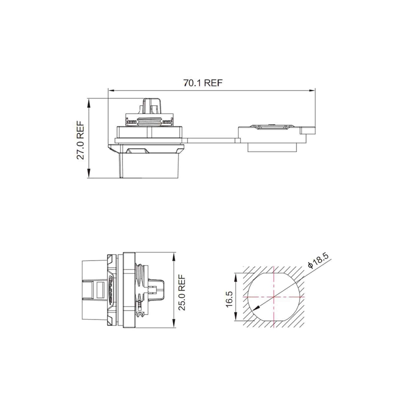 LP-16 power chassis connector M16 3-pin female round max. 400 V 10 A IPX8