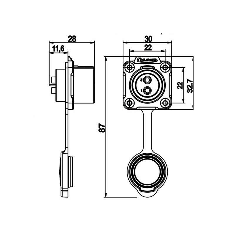 LP-20 power chassis connector M20 2-pin female square 500 V 20 A IPX8