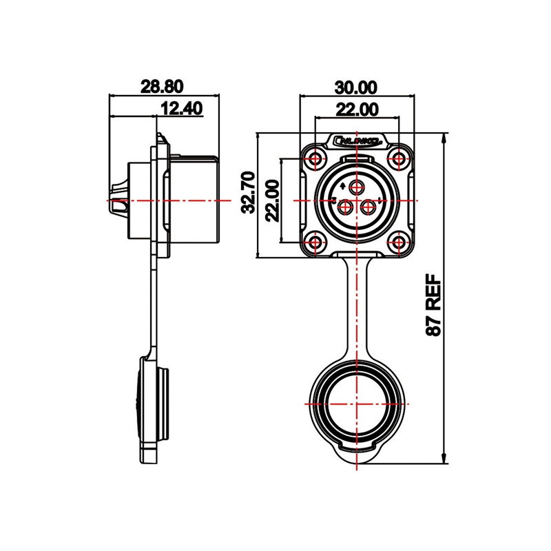 LP-20 power chassis connector M20 3-pin female square 500 V 20 A IPX8 with barriers