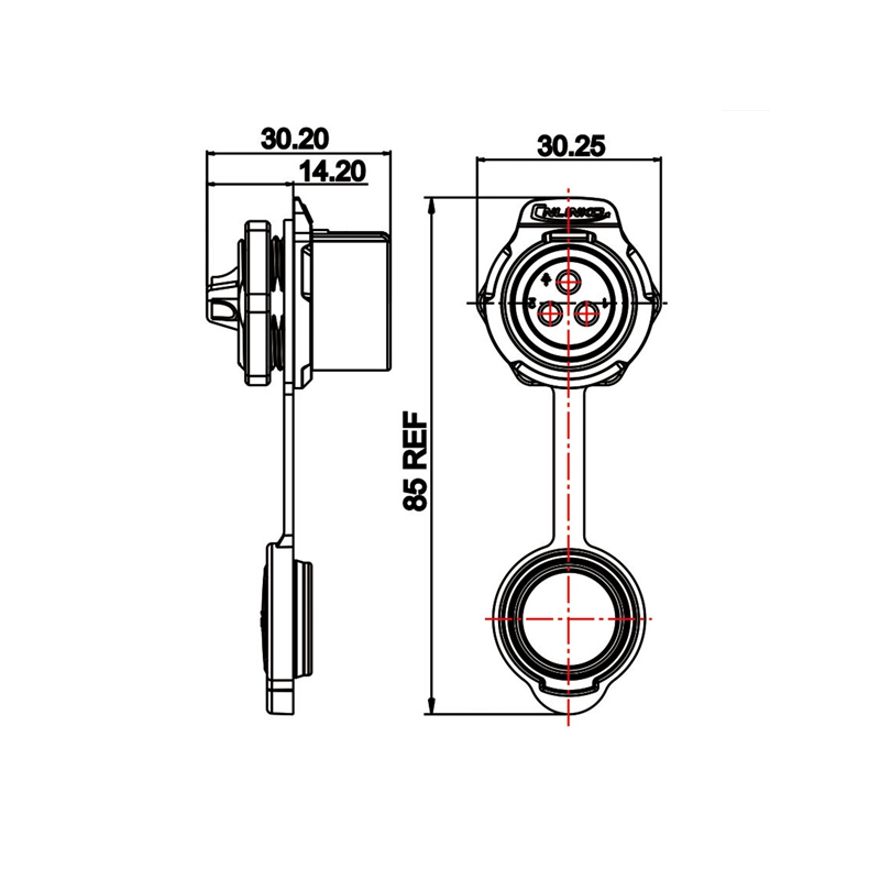 LP_20 power connector M20 3-pin female reversed chassis round 500 V 20 A IPX8